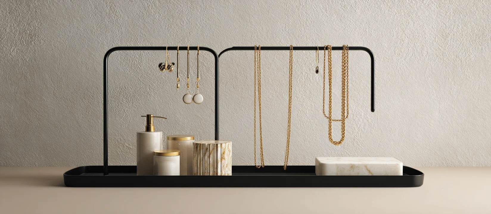 A beautiful display of necklaces and earrings on earrings display stands, also featuring various bracelet displays and elegant stacker jewelry boxes.